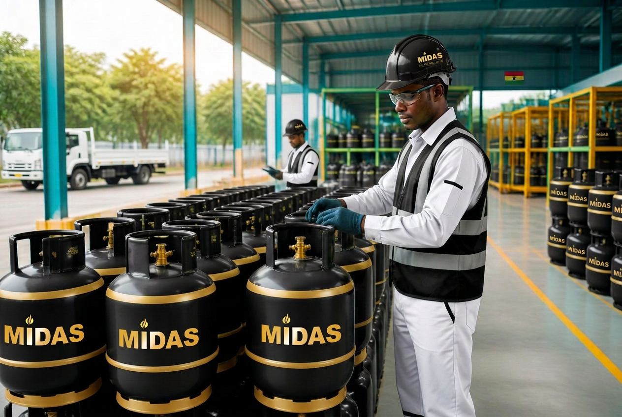 Ghanaian technicians inspecting black-and-gold Midas LPG cylinders