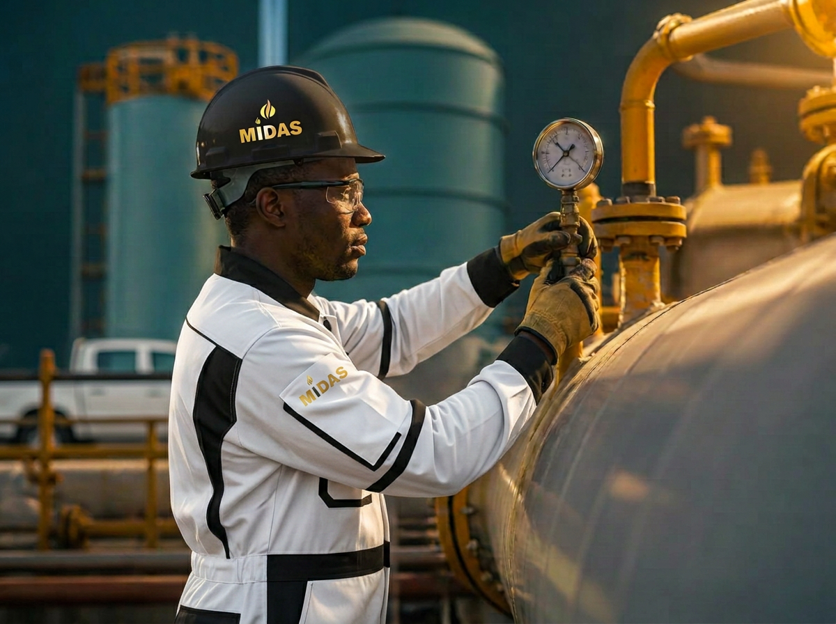 Ghanaian safety engineer in Midas-branded protective equipment inspecting LPG equipment